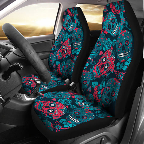 Image of Red & Blue Sugar Skull Car Seat Covers