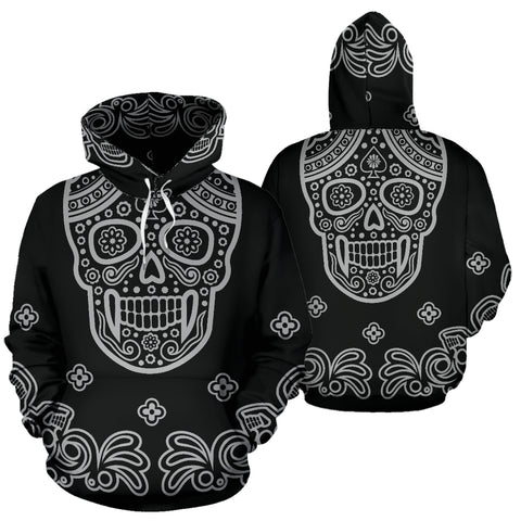 Image of Black Skull Tribal Hoodie - All Over Print Skull Hooded Sweatshirt