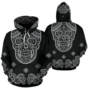 Black Skull Tribal Hoodie - All Over Print Skull Hooded Sweatshirt